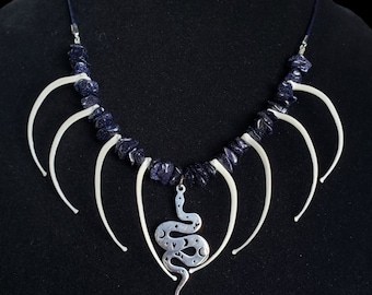 Real Ball Python Snake Rib Bones Blue Goldstone And Stainless Steel Snake Charm On A Blue Silk Cord Taxidermy Necklace