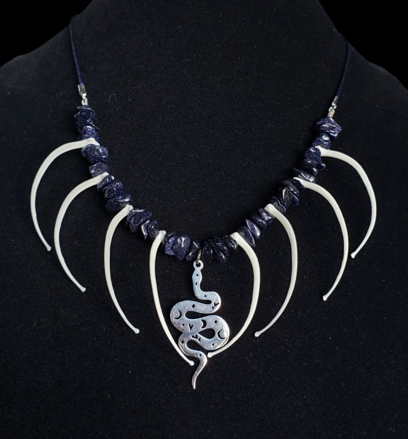 Real Ball Python Snake Rib Bones Blue Goldstone And Stainless Steel Snake Charm On A Blue Silk Cord Taxidermy Necklace image 1