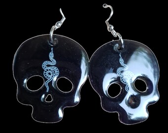 Handmade All Black Resin Skulls With White Snake Tattoo Hook Earrings