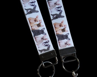 Frenchie French Bulldog Puppy Handmade Ribbon Lanyard Wristlet Strap Keychain Key Fob Paw Print Bone Charm