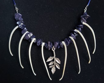 Real Boa Constrictor Snake Bones Blue Goldstone And Leaf Charm On A Blue Silk Cord Taxidermy Necklace