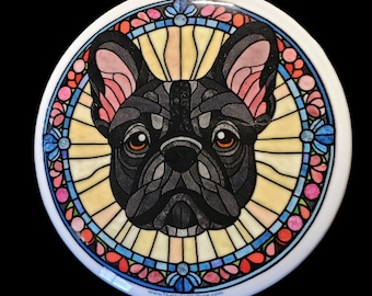 Negro atigrado Frenchie Bulldog francés perro vidrieras solapa Pin puede insignia botón diseñado a partir de arte digital dibujado a mano