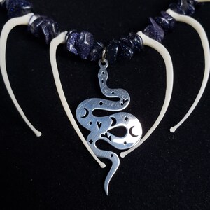 Real Ball Python Snake Rib Bones Blue Goldstone And Stainless Steel Snake Charm On A Blue Silk Cord Taxidermy Necklace image 2