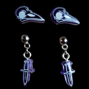 Two Pair Handmade Purple Resin Crow Skull Studs and Dangle Daggers Stainless Steel Earrings