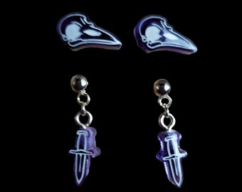 Two Pair Handmade Purple Resin Crow Skull Studs and Dangle Daggers Stainless Steel Earrings