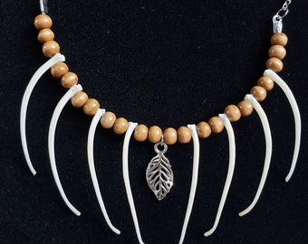 Real Boa Constrictor Snake Bones With Wooden Beads And Leaf Charm On A Silver Chain Taxidermy Necklace