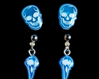 Two Pair Handmade Blue Resin Human Skull Studs and Crow Skull Dangle Stainless Steel Earrings