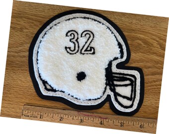 Casco de fútbol americano de chenilla. Doble capa. Con número personalizado. 15 cm de ancho. Chaqueta universitaria en todas las combinaciones de colores.