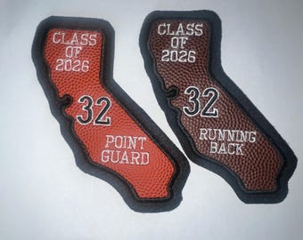 Parche de CALIFORNIA. Material real de BALONCESTO o FÚTBOL para chaqueta universitaria con número y/o letras bordados personalizados.