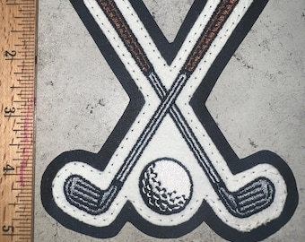 Parche de golf de fieltro de doble capa blanco sobre negro para chaqueta universitaria de 5 pulgadas de alto. Palos y pelotas de golf