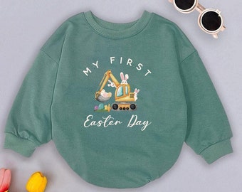 My First Easter Day Baby Romper Sweatshirt, Bunny and Excavator Easter Baby Outfit, Baby's First Easter Clothes, Cute Newborn Easter Gift