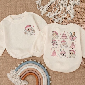 Pink Christmas Santa and Tree Romper Sweatshirt, Cute Holiday Baby Outfit, Toddler Christmas Clothes, Festive Baby Bodysuit,Winter Baby Gift