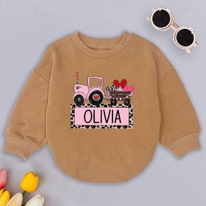 Personalized Valentines Day Romper Sweatshirt, Custom Name Baby Outfit, Pink Tractor Baby Clothes, Toddler Holiday Outfit, Baby Shower Gift