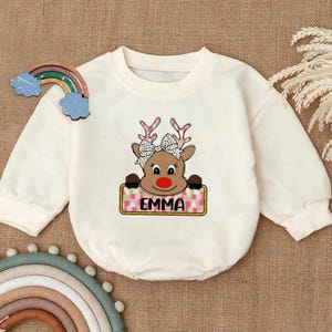 Personalized Reindeer Romper Sweatshirt, Custom Name Christmas Baby Outfit with Bow, Cute Holiday Baby Bodysuit, Xmas Baby Girl Shower Gift