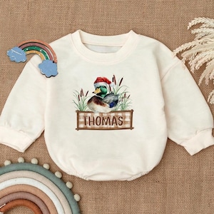 Personalized Mallard Duck Sweatshirt, Custom Name Christmas Romper, Duck Lover Baby Outfit,Newborn Hunting Bodysuit,Holiday Baby Shower Gift