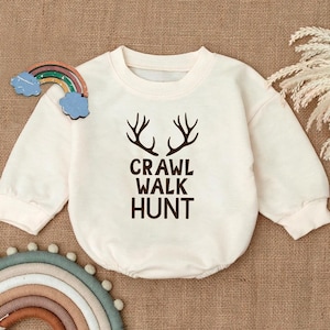 Crawl Walk Hunt Romper Sweatshirt, Funny Baby Hunting Outfit, Deer Antler Baby Bodysuit, Outdoor Toddler Gift, Hunting Lover Baby Apparel