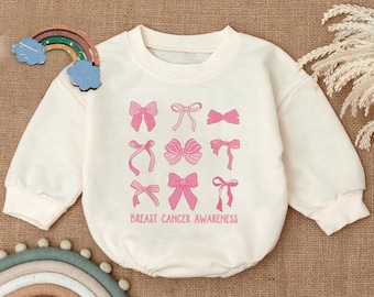 Coquette Bows Romper Sweatshirt, Breast Cancer Awareness Baby Bodysuit, Pink Ribbon  Baby Outfit,Heart Bows Newborn Outfit,Support Baby Gift