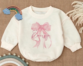 Custom Name Romper Sweatshirt, Personalized Baby Bow Outfit, Baby Shower Gift, Cute Baby Girl Clothes, Infant Outfit with Bow,Baby Gift Idea