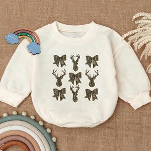 Deer Hunt Camo Coquette Bow Romper Sweatshirt, Camouflage Baby Bodysuit, Woodland Newborn Outfit,Hunting Season Baby Outfit,Baby Shower Gift