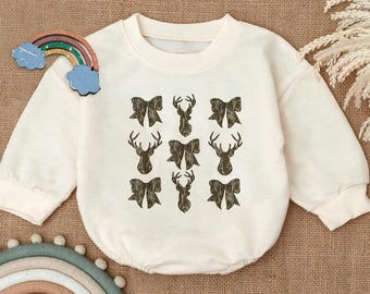 Deer Hunt Camo Coquette Bow Romper Sweatshirt, Camouflage Baby Bodysuit, Woodland Newborn Outfit,Hunting Season Baby Outfit,Baby Shower Gift