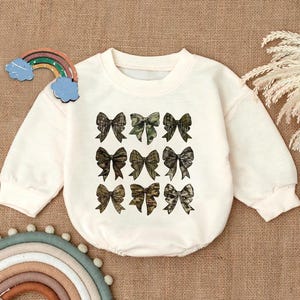 Camo Bow Romper Sweatshirt, Baby Girl Fall Outfit, Camouflage Toddler Clothes, Baby Gift Idea, 1st Birthday Outfit, Hunting Baby Shower Gift