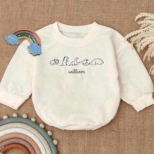 Personalized Dinosaur Romper Sweatshirt, Custom Name Baby Bodysuit, Cozy Infant Pullover, Dino Newborn Outfit, Soft Baby Outfit, Baby Gift