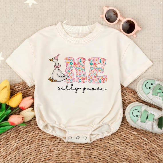 One Silly Goose Romper Sweatshirt, First Birthday Baby Outfit, Funny Toddler Girl Clothes, 1st Birthday Newborn Bodysuit,Cute Baby Gift Idea