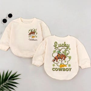 Custom Name Lucky Cowboy Romper Sweatshirt, Personalized Western Baby Outfit, St. Patrick&#39;s Day Newborn Bodysuit, Rodeo Themed Baby Clothes