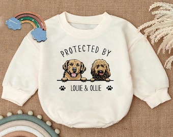 Custom Pet Portrait Protected By Baby Romper, Personalized Puppy Romper for Boys and Girls, Baby Pet Lover Outfit,Custom Baby Gift with Name