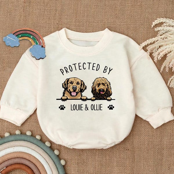 Custom Pet Portrait Protected By Baby Romper, Personalized Puppy Romper for Boys and Girls, Baby Pet Lover Outfit, Baby Shower Gift