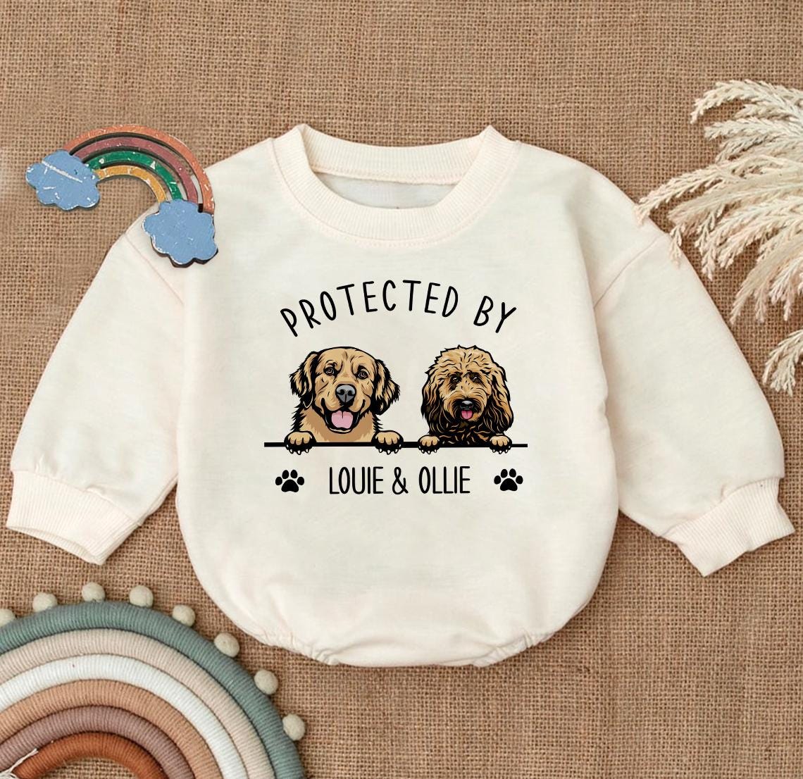Custom Pet Portrait Protected By Baby Romper, Personalized Puppy Romper for Boys and Girls, Baby Pet Lover Outfit,Custom Baby Gift with Name