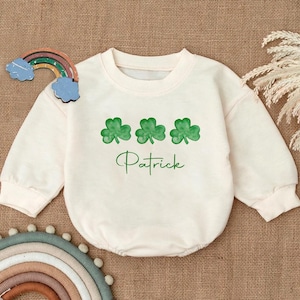 St. Patrick&#39;s Day Baby Romper Sweatshirt, Shamrock Toddler Outfit, Clover Baby Clothes, Lucky Baby Outfit, Holiday Bodysuit, Irish Baby Gift