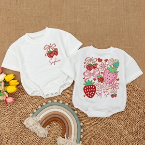 Personalized Strawberry Romper Sweatshirt, Custom Name Baby Outfit, Matching Sibling Bodysuit Set, Cute Fruit Baby Clothes, Newborn Gift
