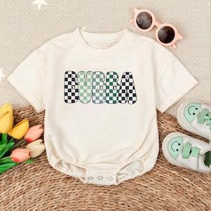 Bubba Baby Romper Sweatshirt, Retro Checkered Baby Outfit, Cute Baby Boy Clothes, Blue Bubba Bodysuit, Unisex Baby Shower Gift Idea