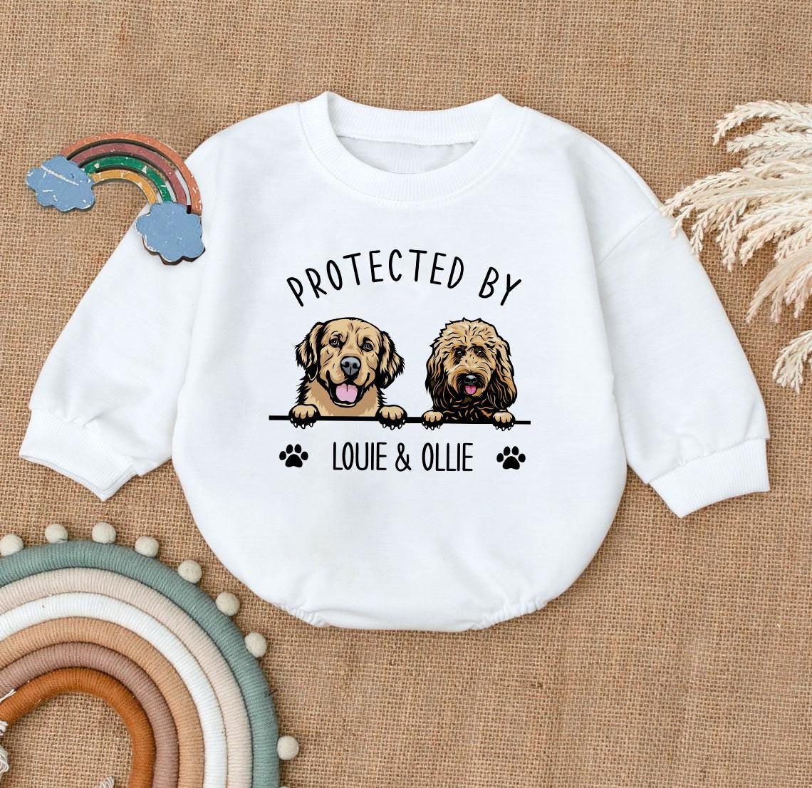 Custom Pet Portrait Protected By Baby Romper, Personalized Puppy Romper for Boys and Girls, Baby Pet Lover Outfit,Custom Baby Gift with Name