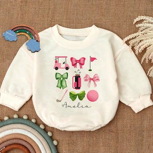 Custom Golf Romper Sweatshirt, Personalized Baby Outfit,Toddler Golf Clothes,Cute Bow Golf Bodysuit,Preppy Baby Gift,Newborn Golf Fan Outfit