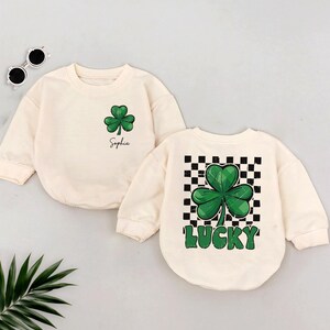 Lucky Clover Romper Sweatshirt, Personalized St. Patrick&#39;s Day Outfit, Toddler Shamrock Sweater, Baby Irish Bodysuit, Cute Holiday Clothes
