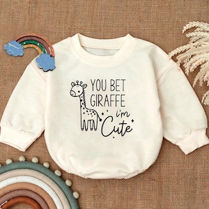 You Bet Giraffe I&#39;m Cute Romper Sweatshirt, Funny Toddler Outfit, Baby Animal Clothes, Cute Baby Romper, Kids Fall Wardrobe, Gift for Baby