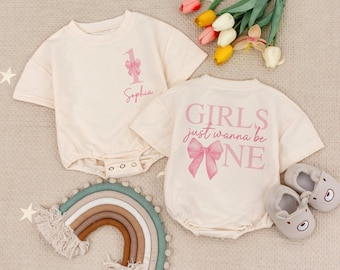 Custom Girls Just Wanna Be One Romper Sweatshirt, Pink Bow First Birthday Baby Outfit, Personalized Name Bodysuit, Baby Girl Party Gift
