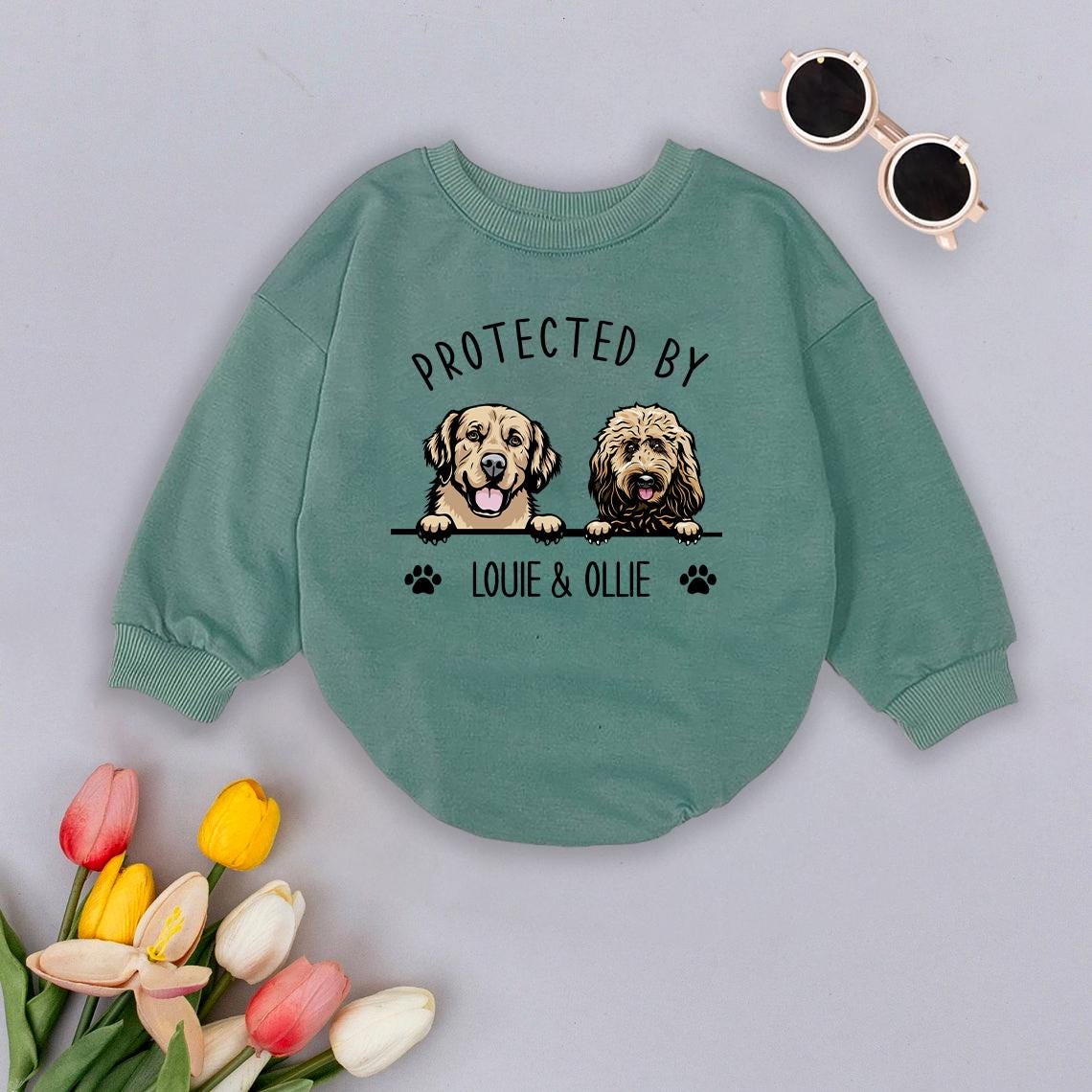 Custom Pet Portrait Protected By Baby Romper, Personalized Puppy Romper for Boys and Girls, Baby Pet Lover Outfit,Custom Baby Gift with Name
