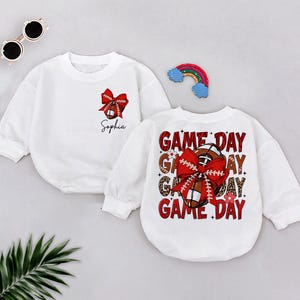Personalized Game Day Baby Romper Sweatshirt, Football Baby Girl Outfit, Custom Name Baby Outfit, Fall Toddler Sports Clothes,Red Bow Design