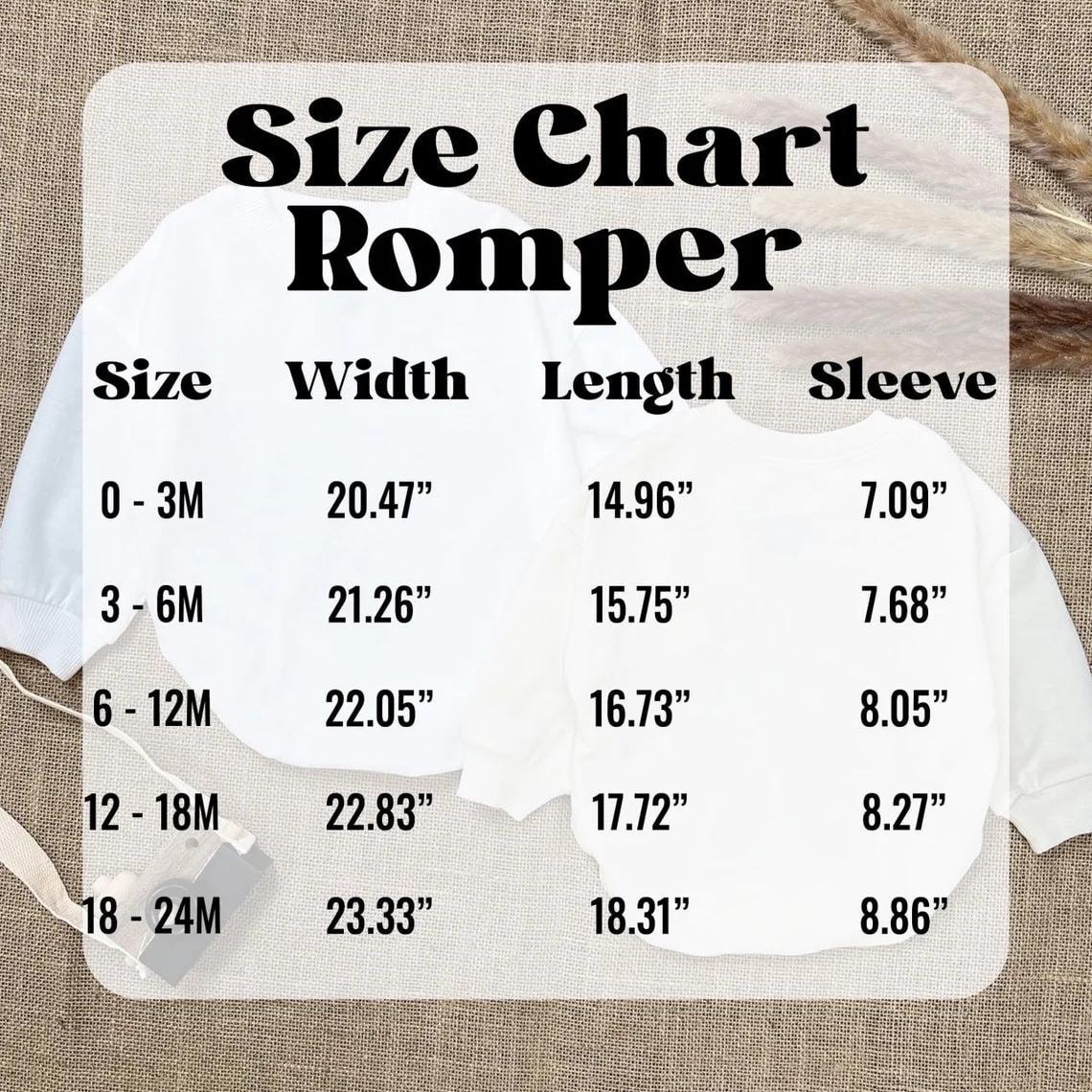May include: White romper size chart with measurements in inches. The chart includes sizes 0-3M, 3-6M, 6-12M, 12-18M, and 18-24M, with corresponding width, length, and sleeve measurements. The text "Size Chart Romper" is at the top.
