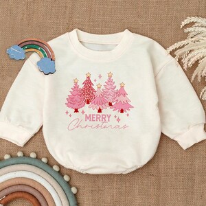 Pink Christmas Trees Romper Sweatshirt, Cute Merry Christmas Baby Outfit, Festive Christmas Trees Newborn Bodysuit, Holiday Baby Shower Gift