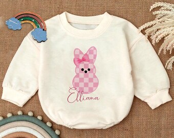 Personalized Bunny Romper Sweatshirt, Baby Girl Easter Outfit, Pink Checkered Bunny Bodysuit,Custom Name Baby Sweater,Toddler Spring Clothes