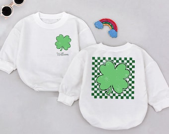 St. Patrick's Day Baby Romper Sweatshirt, Personalized Clover Design, Lucky Charm Outfit,Toddler Irish Holiday Bodysuit,Custom Name Clothing