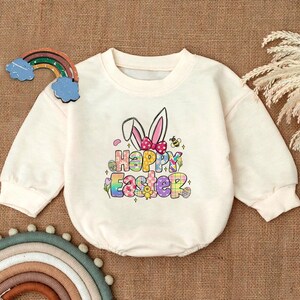 Happy Easter Romper Sweatshirt, Bunny Ears Baby Outfit, Cute Spring Toddler Clothes, Easter Egg Bodysuit, Newborn Easter Gift, Trendy Romper