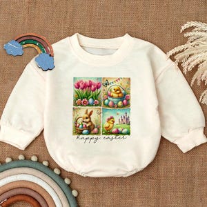 Colorful Easter Bunny Romper Sweatshirt, Spring Baby Outfit, Toddler Easter Clothes, Kids Easter Gift, Bunny Baby Bodysuit, Holiday Romper