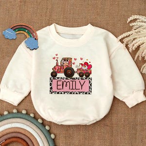 Personalized Tractor Baby Romper Sweatshirt,Valentine&#39;s Day Baby Outfit,Toddler Farm Theme Bodysuit,Custom Name Baby Gift,Trendy Baby Romper