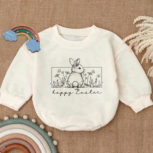 Happy Easter Romper Sweatshirt, Easter Bunny Baby Outfit, Floral Bunny Newborn Bodysuit,Spring Floral Baby Clothes,Cute Easter Gift for Baby