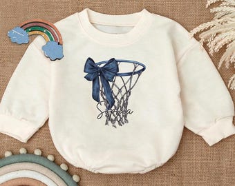 Personalized Basketball Romper Sweatshirt, Custom Name Sports Baby Outfit, Cute Bow Basketball Hoop Baby Bodysuit, Unique Baby Shower Gift